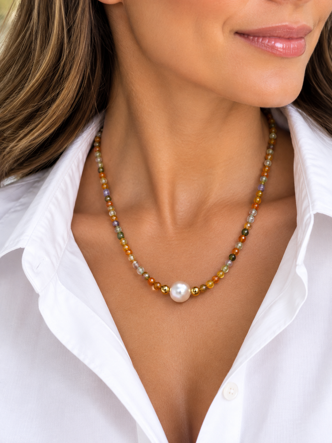 Multicoloured Gemstones And Pearl Necklace